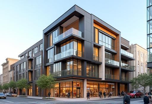 Exterior view of a mixed-use building complex