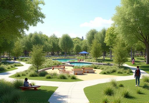 Render of a planned urban park area